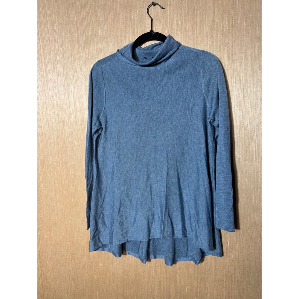 Eileen Fisher Blue Knit Turtleneck Long Sleeve High-Low Hem Tunic Top Women S